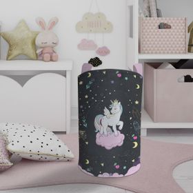 Mekta Home Pembe Bulut Üzerinde Unicorn Desenli Siyah Bebek ve Çocuk Odası Oyuncak Sepeti