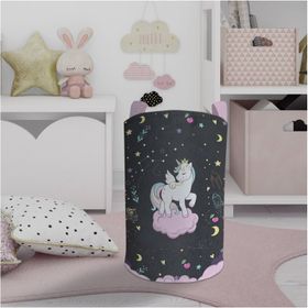 Mekta Home Pembe Bulut Üzerinde Unicorn Desenli Siyah Bebek ve Çocuk Odası Oyuncak Sepeti