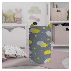 Mekta Home Sarı Gri Bulutlu Yıldız Desenli Bebek ve Çocuk Odası Oyuncak Sepeti
