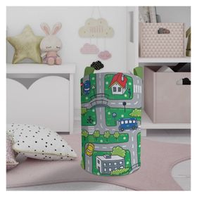 Mekta Home Şehir ve Yol Desenli Yeşil Bebek ve Çocuk Odası Oyuncak Sepeti