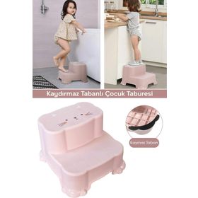 Meleni Baby Kaydırmaz Çocuk Taburesi Çift Basamaklı Banyo Lavabo Pembe Merdiven Yükseltici Bebek Basamağı