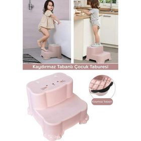 Meleni Baby Kaydırmaz Çocuk Taburesi Çift Basamaklı Banyo Lavabo Pembe Merdiven Yükseltici Bebek Basamağı