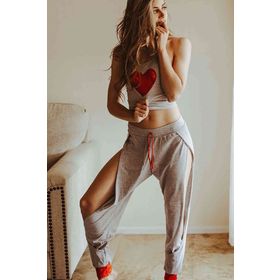 Merry See Özel Tasarım Dantel Kalp Tasarımlı Gri Kadın Pijama Takım