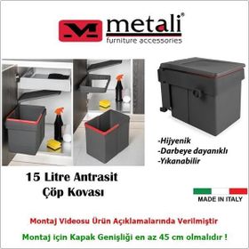 Metali Antrasit 15 Lt Dolap İçi Çöp Kovası