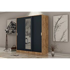Metalia Antrasit Gri GM 644 Sline 3 Kapılı Sürgülü Askılıklı Raflı Atlantik Çam Gardırop