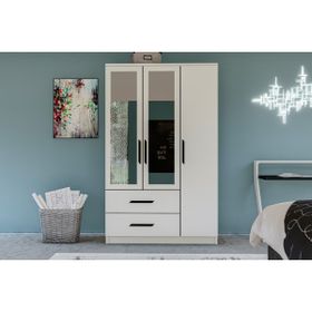 Metalia GM 177 Modena 3 Kapı 2 Çekmeceli Aynalı Siyah Kulplu Beyaz Gardırop