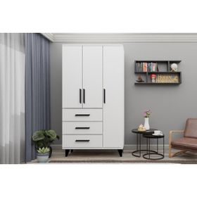 Metalia GM 303-A Ece 3 Kapı 3 Çekmeceli Ayaklı Siyah Kulplu Gardırop