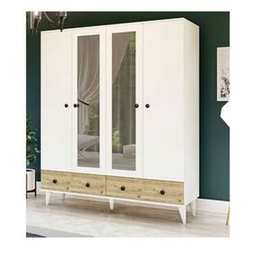 Metalia GM 417 4 Kapılı 2 Çekmeceli Düğme Kulplu Aynalı Beyaz Atlantik Çam Gardrop