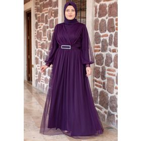MFA Moda MFA00777 Mor Kemer Detaylı Tül Abiye Elbise