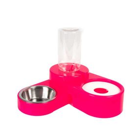 Miapet 1000 ml Neon-Fuşya Köşeli Ayarlanabilir Hazneli Çelik Taslı Kedi Köpek Mama ve Su Kabı