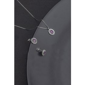 Miavi Silver 925 Ayar Gümüş Oval Ametist Model Kolye ve Küpe Set