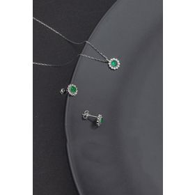 Miavi Silver 925 Ayar Gümüş Papatya Zümrüt Model Kolye ve Küpe Takı Seti