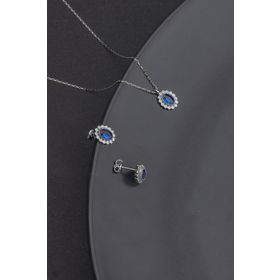 Miavi Silver BSS-1044 925 Ayar Gümüş Oval Safir Model Kadın Kolye ve Küpe Takı Seti