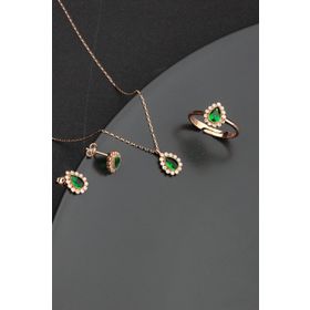 Miavi Silver BSS-1529 Zümrüt Taşlı Damla Model 925 Ayar Gümüş Kolye Küpe Yüzük Takı Seti