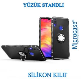Microcase Xiaomi Redmi Note 7 Yüzük Standlı Armor Siyah Silikon Kılıf