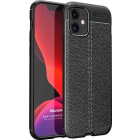 Microsonic Apple iPhone 12 Mini Deri Dokulu Silikon Siyah Cep Telefonu Kılıfı