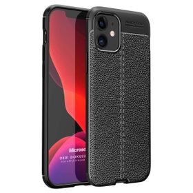 Microsonic Apple iPhone 12 Mini Deri Dokulu Silikon Siyah Cep Telefonu Kılıfı