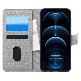 Microsonic Apple iPhone 12 Pro Fabric Book Wallet Gri Cep Telefonu Kılıfı