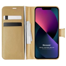 Microsonic Apple iPhone 13 Delux Leather Wallet Gold Cep Telefonu Kılıfı