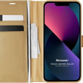 Microsonic Apple iPhone 13 Delux Leather Wallet Gold Cep Telefonu Kılıfı