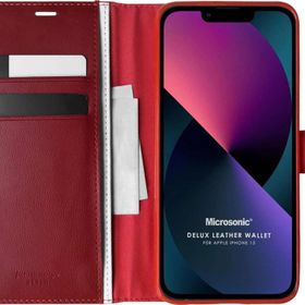 Microsonic Apple iPhone 13 Delux Leather Wallet Kırmızı Cep Telefonu Kılıfı