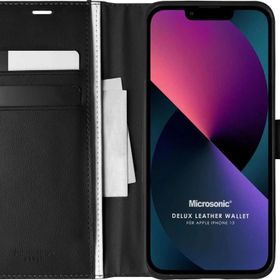 Microsonic Apple İphone 13 Delux Leather Wallet Siyah Cep Telefonu Kılıfı