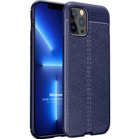Microsonic Apple iPhone 13 Pro Max Deri Dokulu Silikon Lacivert Cep Telefonu Kılıfı