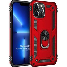 Microsonic Apple iPhone 13 Pro Max Military Ring Holder Kırmızı Cep Telefonu Kılıfı