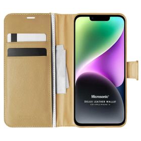 Microsonic Apple iPhone 14 Delux Leather Wallet Gold Cep Telefonu Kılıfı