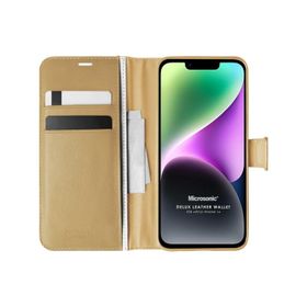Microsonic Apple iPhone 14 Delux Leather Wallet Gold Cep Telefonu Kılıfı