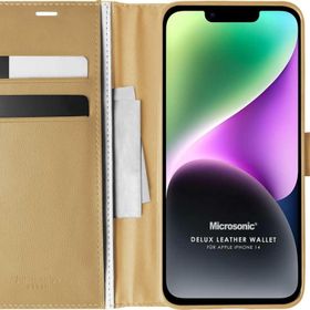 Microsonic Apple iPhone 14 Delux Leather Wallet Gold Cep Telefonu Kılıfı