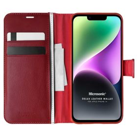 Microsonic Apple iPhone 14 Delux Leather Wallet Kırmızı Cep Telefonu Kılıfı