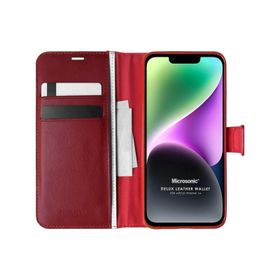 Microsonic Apple iPhone 14 Delux Leather Wallet Kırmızı Cep Telefonu Kılıfı
