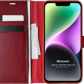 Microsonic Apple iPhone 14 Delux Leather Wallet Kırmızı Cep Telefonu Kılıfı