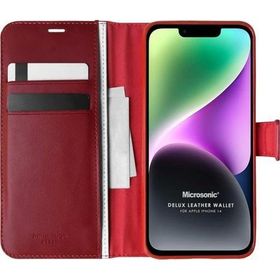 Microsonic Apple iPhone 14 Delux Leather Wallet Kırmızı Cep Telefonu Kılıfı