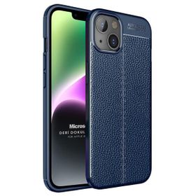 Microsonic Apple iPhone 14 Deri Dokulu Silikon Lacivert Cep Telefonu Kılıfı
