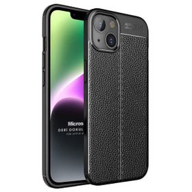 Microsonic Apple iPhone 14 Deri Dokulu Silikon Siyah Cep Telefonu Kılıfı