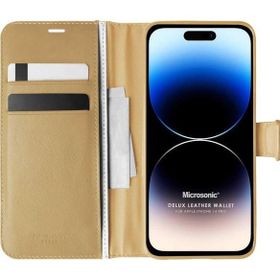 Microsonic Apple iPhone 14 Pro Delux Leather Wallet Gold Cep Telefonu Kılıfı