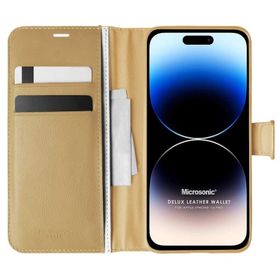 Microsonic Apple iPhone 14 Pro Delux Leather Wallet Gold Cep Telefonu Kılıfı