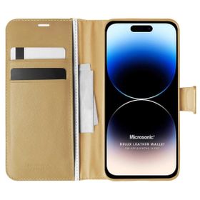Microsonic Apple iPhone 14 Pro Delux Leather Wallet Gold Cep Telefonu Kılıfı