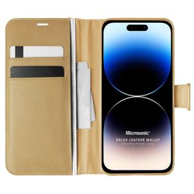 Microsonic Apple iPhone 14 Pro Delux Leather Wallet Gold Cep Telefonu Kılıfı