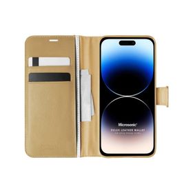Microsonic Apple iPhone 14 Pro Delux Leather Wallet Gold Cep Telefonu Kılıfı