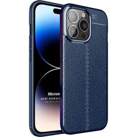 Microsonic Apple iPhone 14 Pro Deri Dokulu Silikon Lacivert Cep Telefonu Kılıfı