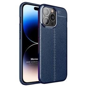 Microsonic Apple iPhone 14 Pro Deri Dokulu Silikon Lacivert Cep Telefonu Kılıfı
