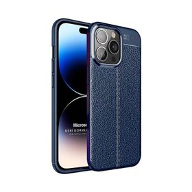 Microsonic Apple iPhone 14 Pro Deri Dokulu Silikon Lacivert Cep Telefonu Kılıfı