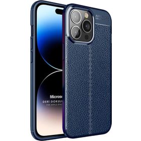 Microsonic Apple iPhone 14 Pro Deri Dokulu Silikon Lacivert Cep Telefonu Kılıfı