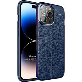 Microsonic Apple iPhone 14 Pro Deri Dokulu Silikon Lacivert Cep Telefonu Kılıfı