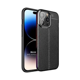 Microsonic Apple iPhone 14 Pro Deri Dokulu Silikon Siyah Cep Telefonu Kılıfı