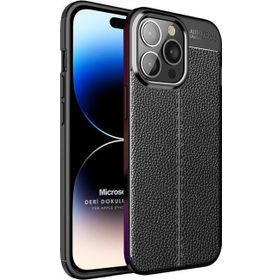 Microsonic Apple iPhone 14 Pro Deri Dokulu Silikon Siyah Cep Telefonu Kılıfı