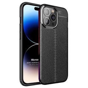 Microsonic Apple iPhone 14 Pro Deri Dokulu Silikon Siyah Cep Telefonu Kılıfı